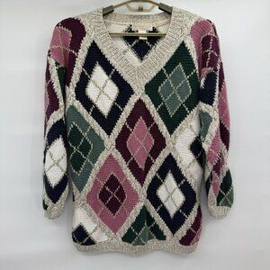 Paris Sports Club Vintage Chunky Knit Argyle‎ Sweater V Neck Large Women’s